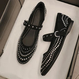 KYLETHOMASW  -  Retro Rivet Mary Jane Shoes Women Belt Buckle Shallow Round Toe Single Shoes Female Fashion Suede Elegant Dress Shoes Ladies