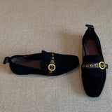 KYLETHOMASW  -  Fashion Metal Belt Buckle Design Loafers Woman Shoes Retro Suede Square Toe Flats Street Style Comfort Casual Shoe Zapatos Mujer