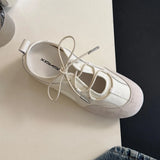 KYLETHOMASW  -  Retro Style Silver Mary Jane Shoes, Lace-Up, Round Toe, Hidden Heel, Casual Flats, Ballet Flats, Deep Mouth Fashion Flats