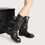 KYLETHOMASW  -  Vintage Soft Leather Belt Strap Buckle Mid-Calf Women Motorcycle Boots Fashion Thick High heels Autumn Winter Knight Booties