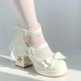 KYLETHOMASW  -  Lovely Girls Lolita Butterfly Knot High Heels Platform Shoes ,Young Women Students Cute sakura Wedding Dress Mary Janes