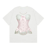 Kylethomasw Y2k White Corset Graphic T Shirts for Women Oversized Bow Print Cotton Tees Vintage Harajuku Summer Fashion Design Tops