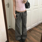 KYLETHOMASW  -  American Retro Low Waist Washed Plus Size Loose Jeans Women Lace Up Flared Wide Leg Jeans Y2k Vintage Streetwear Daily Casual