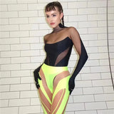 Kylethomasw Sexy Wild Women Bodysuit Long Sleeve See Through Skinny Mesh Patchwork Vacation Party Club Streetwear Bodycon Tops Black