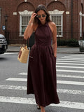 KYLETHOMASW  -  Women Waist Cinching A-line Dressess Casual Laple Single Breasted Pockets Belt Long Dress Female Summer Lady Evening Party Gown