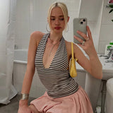 KYLETHOMASW  -  New Women V-Neck Stripe Print Simple Summer Backless Halter Tank Tops Fashion Wild Basic Stretch Streetwear Y2K Chic Vest
