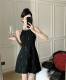 KYLETHOMASW  -  Summer Women's Mini Dress Luxury Fashion Black O-neck Shine Diamond Beading Slim Gown Femme Evening Party Banquet Runway