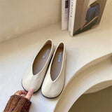 KYLETHOMASW  -  Retro Round Toe Loafers Women Solid Leather Flats Shallow V-Open Boat Mocasines Femmes Comfy Slip On Daily Walking Shoes Ladies