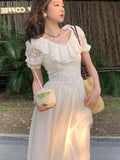 Kylethomasw Elegant Off Shoulder Midi Dress Women Lace Patchwork New Summer Ruffles A-line French Vintage Prom Robe Casual Vestidos 2024