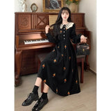 KYLETHOMASW  -  Sweet Hot Girl Embroidery Lace Turn-down Collar Long Dress Women's Autumn/winter Black Corduroy Dress Fashion Female Clothes