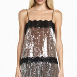 KYLETHOMASW  -  Women's Lace Trim Sequin Tank Top Spaghetti Straps Sparkly Cami Top Scallop Hem Rave Outfits  ﻿