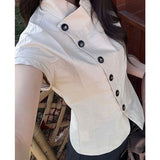 KYLETHOMASW  -  Harajuku Irregular Shirts Women Vintage Cropped Short Sleeve Blouses Summer Ladies Korean Single Breasted Casual Tops New