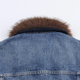 KYLETHOMASW  -  Dark Wash Denim Jacket with Removable Faux Fur Collar Women Cropped Long Sleeve Casual Y2K Korean Fashion Cowboy Coat