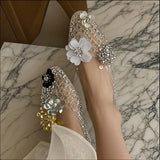 KYLETHOMASW  -  New style pointed-toe open-toe sandals with flat sole, jelly-style shoes, DIY shoes, floral handcrafted with crystals and nettin