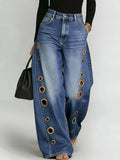 KYLETHOMASW  -  Women's Washed Blue High-Waist Metal Grommet Wide Leg Jeans Casual Loose Fit Streetwear Pants Casual Trousers