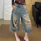 KYLETHOMASW  -  American Retro Denim Pants Women Holes Spring Summer Streetwear Loose Wide Leg Trousers Fashion Casual Pantalones Mujer
