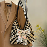 KYLETHOMASW  -  Women Straw Woven Tote Bag Casual Handbag Large Capacity Summer Crochet Shoulder Bag with Bow Patchwork for Outdoor Travel