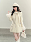 KYLETHOMASW  -  Sweet Hot Girl Elegant White Lace-up Bow Coat Women's Winter Slim Fit Single Breasted Woolen Coat Fashion Female Clothes