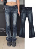KYLETHOMASW  -  American Y2k Vintage Washed Deep Blue Denim Pants Summer Low-waist Jeans for Women New Loose Straight Wide Leg Pants