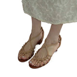 KYLETHOMASW  -  Vintage Open Toe Thick Heel Sandals for Women Fashion Woven Cross Straps Round Toe Roman Sandals Summer New Beach Casual Shoes