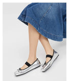 KYLETHOMASW  -  sweet pink silk flat shoes woman square toe bowtie ballet flats silver leather mary janes shoes elastic band moccasions women
