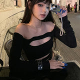 Kylethomasw Vintage Hollow Sexy Slim All Match Long-sleeved T-shirt Women 2024 Summer New Streetwear Strapless Casual Black Crop Tops