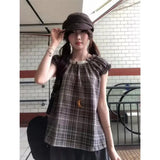 KYLETHOMASW  -  Korean Retro Plaid Top Shirt Women Summer New Round Neck Patchwork Lace Bubble Sleeve Blouse Clothing