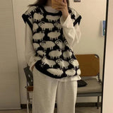 Kylethomasw New Harajuku Sheep Print Women Vest Sweater Kawaii Black Crewneck Knitwear Korean 2024 Fashion Cute Graphic College Clothes