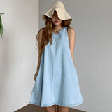 KYLETHOMASW  -  Women Korean Denim Dress Washed Blue Loose A Line Sleeveless Slimming Versatile Casual Dress