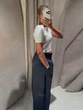 KYLETHOMASW  -  High Waist Striped Wide-Leg Pants For Woman Loose Irregular Floor-Length Trousers Single Bitton Pockets Fashion Casual Clothes