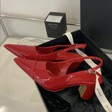 KYLETHOMASW  -  High Quality Patent Leather Buckle Strap Pumps Women Slingback Pointed Toe Square Heels Wedding Party Shoes