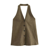 KYLETHOMASW  -  Color Single Breasted Vest Minimalist Casual Pants Retro Linen Texture Coffee Two Pieces Set Women Straight Leg