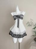 KYLETHOMASW  -  Sweet Lolita Kawaii Summer Two-piece set Women Cami Top Bowknot Lace Plaid Cake Skirt High Waist Ruffle Cute Daily Japan Fashion