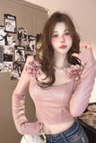 KYLETHOMASW  -  Sweet Hot Girl Off Shoulder Long-sleeved Shirt Women's Autumn/Winter Slim Fit Slash Neck 3D Flower Short Top Female Clothes