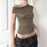 KYLETHOMASW  -  American street one shoulder wing printed short sleeved crop top T-shirt, spicy girl slim fit versatile casual top
