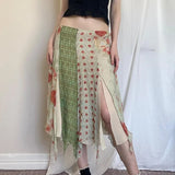 Kylethomasw   - Vintage Contrast Color Floral Print Casual A-line Skirt Women 2024 Summer New Low Waist Sexy Split Irregular Mid-length Skirt