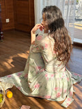 KYLETHOMASW  -  Women Clothes Chiffon Floral Print Outfits Elegant V-Neck Cropped Tops Shirt Blouse And A-Line Long Skirt Mujer 2 Pieces Set New
