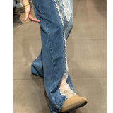 KYLETHOMASW  -  Women Jeans Pants Baggy Jeans Flare Trousers Lace Applique Crystal Wide Leg Jeans Pearl Slit Distressed Design Denim Pants