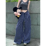 Kylethomasw   -  Streetwear Multi-button Loose Casual Pants Women 2024 Summer New Korean Contrast Color Plaid All Match Wide Leg Pants