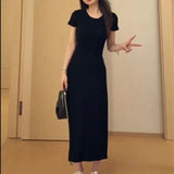 KYLETHOMASW  -  Summer Casual Cotton Midi Dress Women Elegant Solid Color Round Neck Slim Bodycon Dresses Korean High Street Vestidos ﻿270A