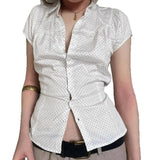 KYLETHOMASW  -  Polka dot short sleeved breasted shirt design with a cinched waist and tie, light and mature satin short commuter top