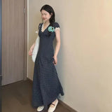 KYLETHOMASW  -  French Retro Lace Patchwork Maxi Dress Polka Dot Sweet Slim Short Sleeve Dress V Neck Preppy Style Summer Beach Party Vestidos