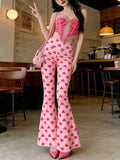 KYLETHOMASW  -  Y2K Pink Heart Print High Waist Flare Pants | Kawaii All-Over Love Bell Bottom Trousers | Barbiecore Aesthetic Summer Streetwear