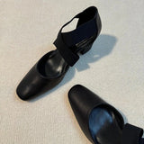 KYLETHOMASW  -  Women'sShoes Square Toe Thick Middle Heel Cross Elastic Cowhide Color Office Women Shallow Single Shoes
