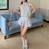 KYLETHOMASW  -  Summer Neck Hanging Dress Women's Sleeveless Mini Skirt Striped Blue Dress French Sexy Design High Quality Polyester Fiber