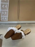 KYLETHOMASW  -  Slippers Casual Flat Shoes Female Lace Beige Heeled Sandals Slides Cover Toe Slipers Women Mules Sexy Butterfly-Knot Luxury Blac