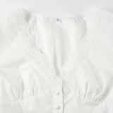 KYLETHOMASW  -  Fashion Solid Simple V-Neck Slim Fit Women Sexy Sheer Shirts Lace Spliced Button All-Match Blouses
