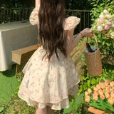 KYLETHOMASW  -  Women Summer Floral Print Ruffle Bow Sweet Sexy Fairy Mini Dress High Waist Sleeveless Slim Square Collar A Line Dresses Vestido