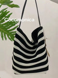 KYLETHOMASW  -  Black White Striped Bucket Bag for Women Large Capacity Casual Vacation Beach Shoulder Tote Bags