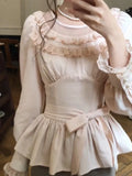 KYLETHOMASW  -  Kawaii Pink Bow Shirts Women Japanese Cute Lace Ruffles Patchwork Blouses Fashion Puff Long Sleeve Slim Design Tops New